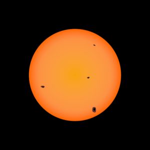Illustration of the sun with spots due to solar activity, as seen with telescopes with solar filter