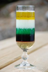 Fancy having a play with this idea!? Here's a great recipe for making a colourful but - UNDRINKABLE!! - density cocktail! Baby oil (0.83) Cooking oil (0.92) Fresh water (1.00) Milk (1.03) Washing up liquid (1.06) Blackcurrent cordial (1.33) Honey (1.40) Numbers in brackets give the density of the liquid in kilograms per liter. Try gently placing some ice in there too and see where it comes to rest! Credit: Petra Langebroek and Elin Darelius 